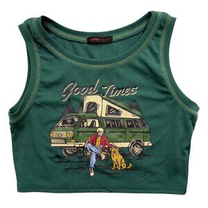 Romwe Graphic Skeleton Dog Camper Cropped Tank Top Goth Urban Green Womens L
